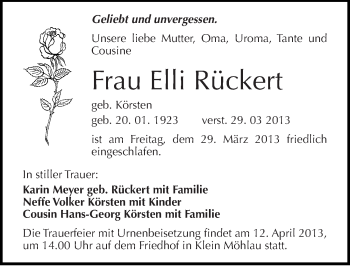 Traueranzeige von Elli Rückert von Mitteldeutsche Zeitung