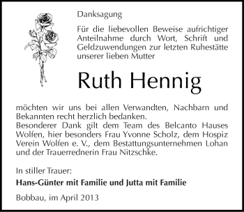Traueranzeige von Ruth Hennig von Mitteldeutsche Zeitung Bitterfeld