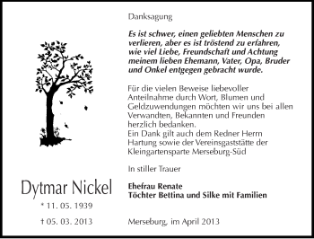 Traueranzeige von Dytmar Nickel von Mitteldeutsche Zeitung Merseburg/Querfurt