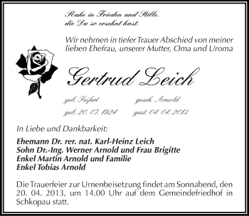 Traueranzeige von Gertrud Leich von Mitteldeutsche Zeitung Merseburg/Querfurt