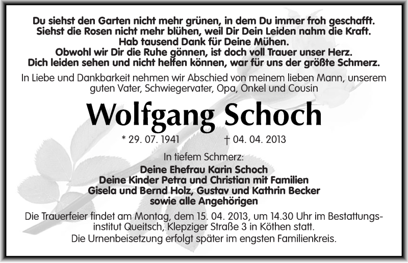  Traueranzeige für Wolfgang Schoch vom 10.04.2013 aus Mitteldeutsche Zeitung Köthen