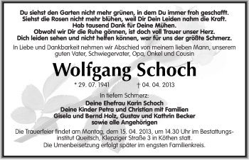 Traueranzeige von Wolfgang Schoch von Mitteldeutsche Zeitung Köthen