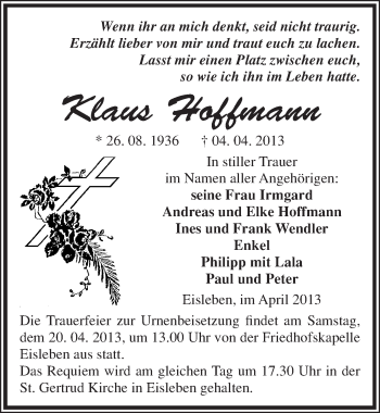 Traueranzeige von Klaus Hoffmann von Mitteldeutsche Zeitung Aschersleben