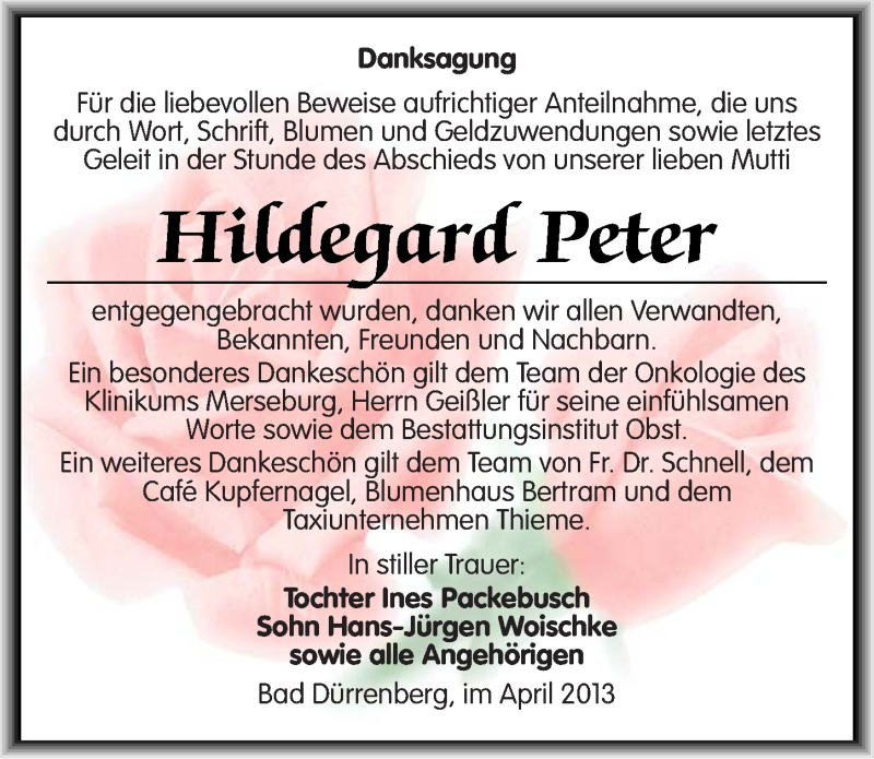  Traueranzeige für Hildegard Peter vom 13.04.2013 aus Mitteldeutsche Zeitung Merseburg/Querfurt