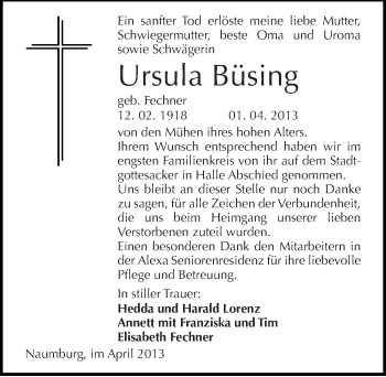 Traueranzeige von Ursula Büsing von Mitteldeutsche Zeitung Naumburg/Nebra