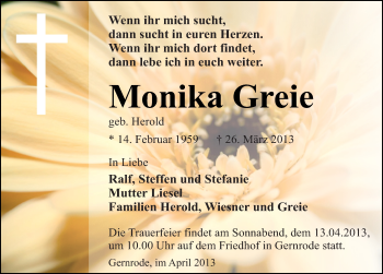 Traueranzeige von Monika Greie von Mitteldeutsche Zeitung Quedlinburg