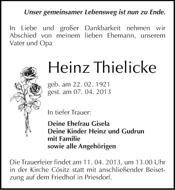 Traueranzeige von Heinz Thielicke von Mitteldeutsche Zeitung Köthen