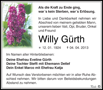 Traueranzeige von Willy Gürth von Mitteldeutsche Zeitung Zeitz
