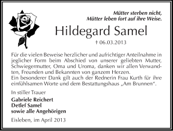 Traueranzeige von Hildegard Samel von Mitteldeutsche Zeitung Aschersleben