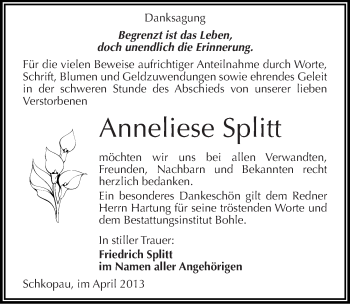 Traueranzeige von Anneliese Splitt von Mitteldeutsche Zeitung Merseburg/Querfurt
