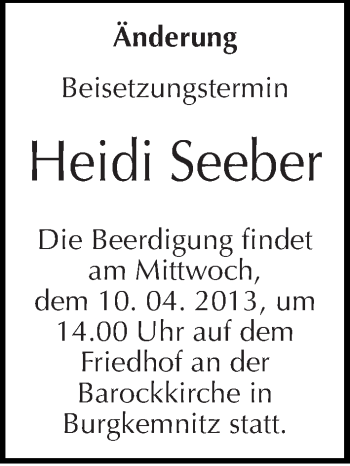 Traueranzeige von Heidi Seeber von Mitteldeutsche Zeitung Bitterfeld