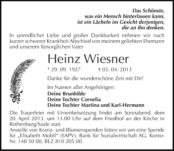 Traueranzeige von Heinz Wiesner von Mitteldeutsche Zeitung Halle/Saalkreis