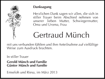 Traueranzeige von Gertraud Münch von Mitteldeutsche Zeitung Sangerhausen