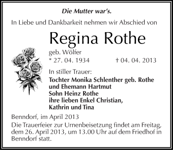 Traueranzeige von Regina Rothe von Mitteldeutsche Zeitung Aschersleben