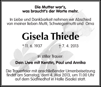 Traueranzeige von Gisela Thiede von Mitteldeutsche Zeitung Halle/Saalkreis