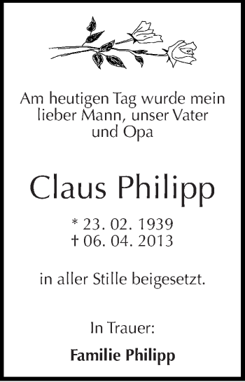 Traueranzeige von Claus Philipp von Mitteldeutsche Zeitung Halle/Saalkreis