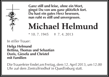 Traueranzeige von Michael Helmund von Mitteldeutsche Zeitung Quedlinburg