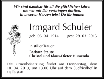 Traueranzeige von Irmgard Schuler von Mitteldeutsche Zeitung Halle/Saalkreis