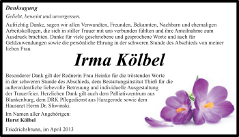 Traueranzeige von Irma Kölbel von Mitteldeutsche Zeitung Quedlinburg