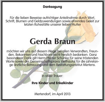 Traueranzeige von Gerda Braun von Mitteldeutsche Zeitung Naumburg/Nebra