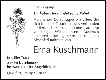 Traueranzeige von Erna Kuschmann von Mitteldeutsche Zeitung Merseburg/Querfurt