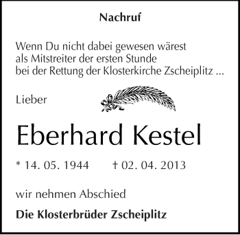 Traueranzeige von Eberhard Kestel von Mitteldeutsche Zeitung Naumburg/Nebra