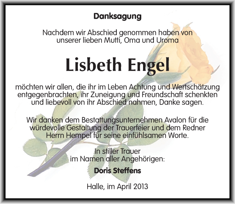  Traueranzeige für Lisbeth Engel vom 13.04.2013 aus Mitteldeutsche Zeitung Halle/Saalkreis