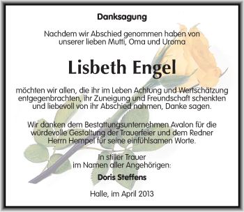 Traueranzeige von Lisbeth Engel von Mitteldeutsche Zeitung Halle/Saalkreis