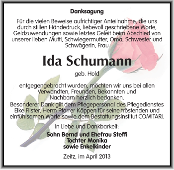 Traueranzeige von Ida Schumann von Mitteldeutsche Zeitung Zeitz