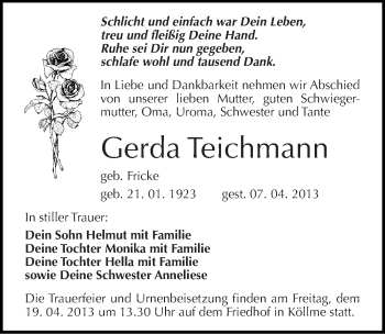 Traueranzeige von Gerda Teichmann von Mitteldeutsche Zeitung Halle/Saalkreis