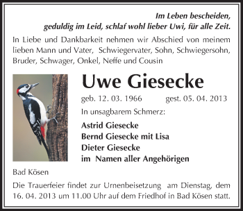 Traueranzeige von Uwe Giesecke von Mitteldeutsche Zeitung Naumburg/Nebra