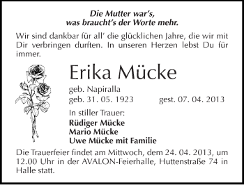 Traueranzeige von Erika Mücke von Mitteldeutsche Zeitung Halle/Saalkreis