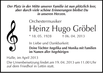 Traueranzeige von Heinz Hugo Gröbel von Mitteldeutsche Zeitung Halle/Saalkreis