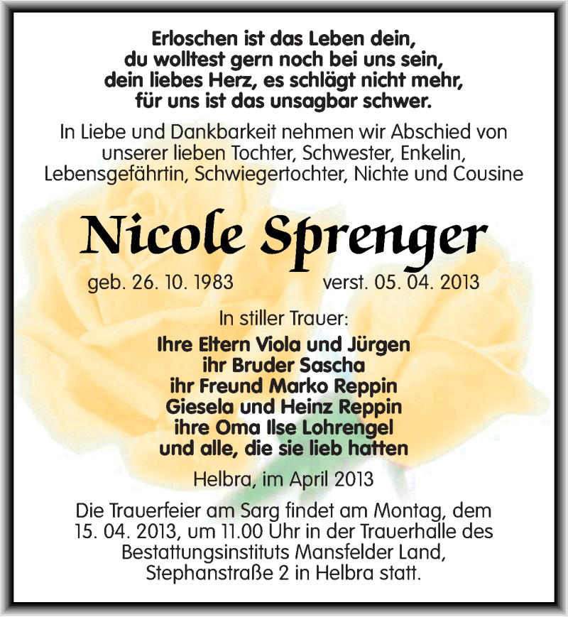  Traueranzeige für Nicole Sprenger vom 10.04.2013 aus Mitteldeutsche Zeitung Aschersleben