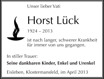 Traueranzeige von Horst Lück von Mitteldeutsche Zeitung Aschersleben