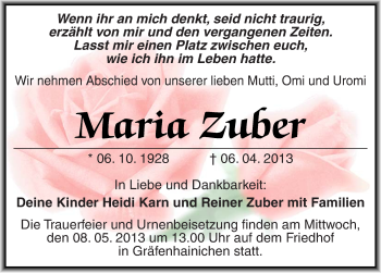 Traueranzeige von Maria Zuber von Mitteldeutsche Zeitung Wittenberg