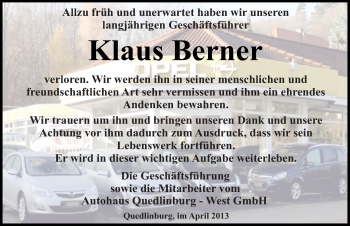 Traueranzeige von Klaus Berner von Mitteldeutsche Zeitung Quedlinburg