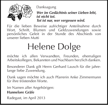 Traueranzeige von Helene Dolge von Mitteldeutsche Zeitung Köthen