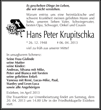 Traueranzeige von Hans Peter Krupitschka von Mitteldeutsche Zeitung Aschersleben