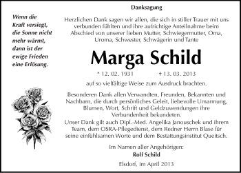 Traueranzeige von Marga Schild von Mitteldeutsche Zeitung Köthen