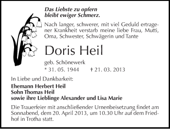 Traueranzeige von Doris Heil von Mitteldeutsche Zeitung Halle/Saalkreis