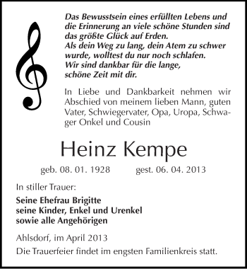 Traueranzeige von Heinz Kempe von Mitteldeutsche Zeitung Aschersleben