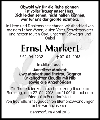 Traueranzeige von Ernst Markert von Mitteldeutsche Zeitung Aschersleben