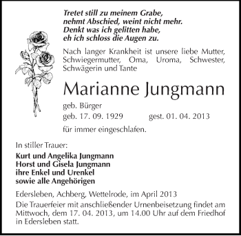 Traueranzeige von Marianne Jungmann von Mitteldeutsche Zeitung Sangerhausen