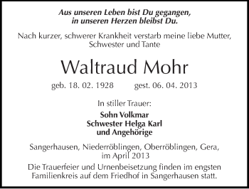Traueranzeige von Waltraud Mohr von Mitteldeutsche Zeitung Sangerhausen