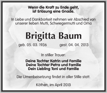 Traueranzeige von Brigitta Baum von Mitteldeutsche Zeitung Köthen