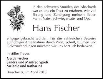 Traueranzeige von Hans Fischer von Mitteldeutsche Zeitung Halle/Saalkreis
