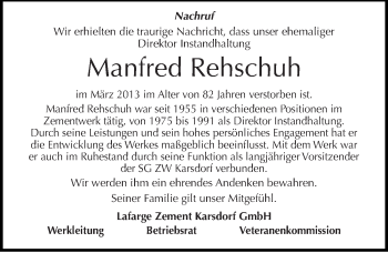 Traueranzeige von Manfred Rehschuh von Mitteldeutsche Zeitung Naumburg/Nebra