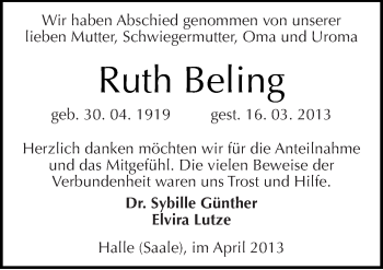 Traueranzeige von Ruth Beling von Mitteldeutsche Zeitung Halle/Saalkreis