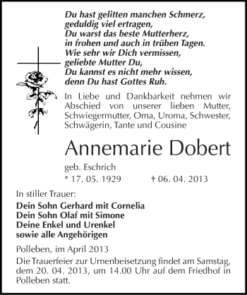 Traueranzeige von Annemarie Dobert von Mitteldeutsche Zeitung Aschersleben